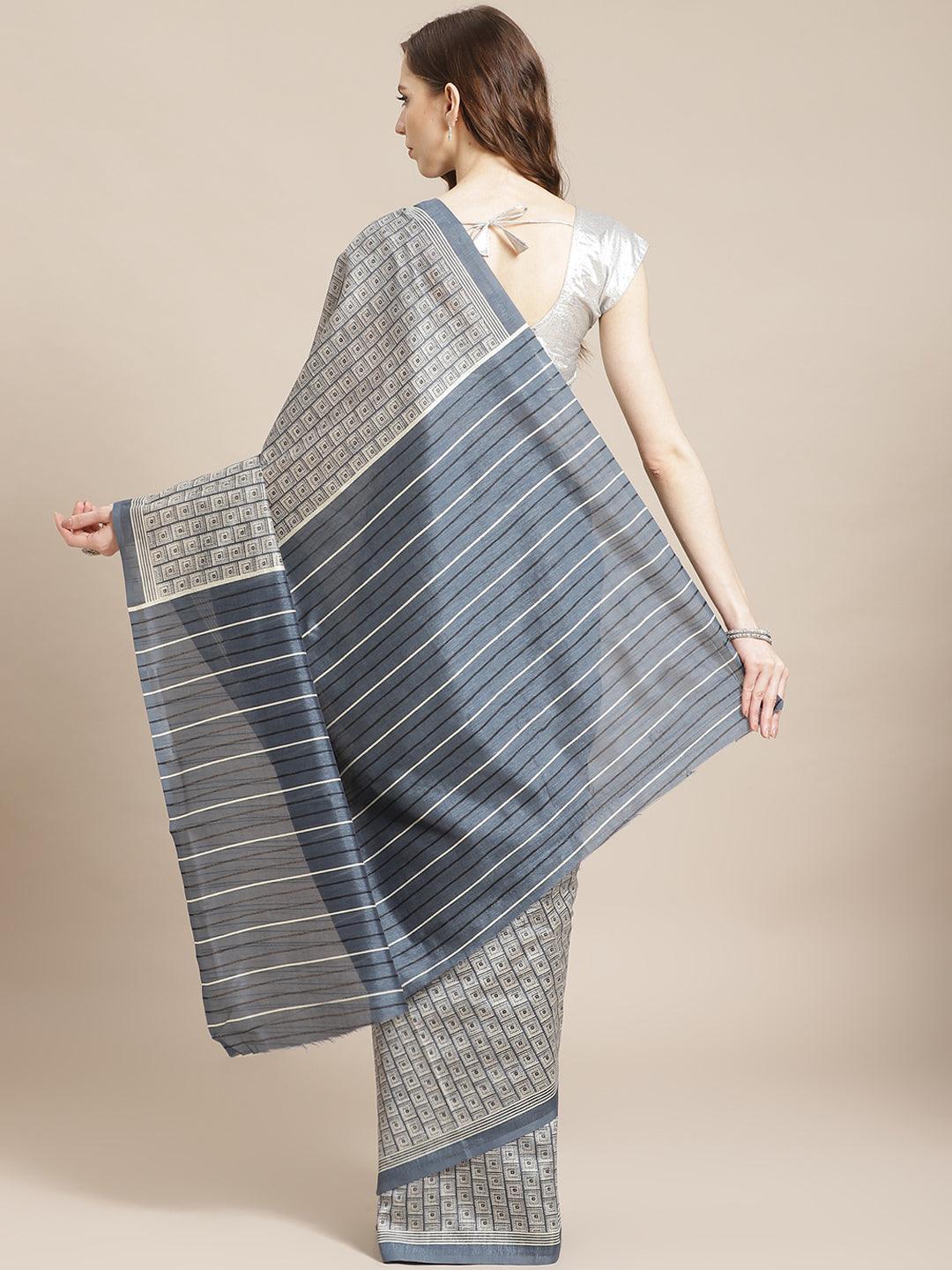 Grey Printed Cotton Silk Saree - ShopLibas