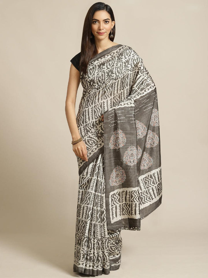 Grey Printed Cotton Silk Saree - ShopLibas