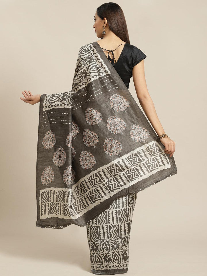 Grey Printed Cotton Silk Saree - ShopLibas