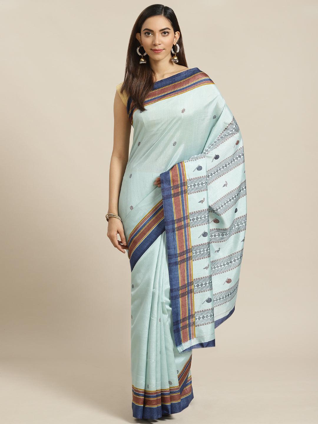 Blue Printed Cotton Silk Saree - ShopLibas