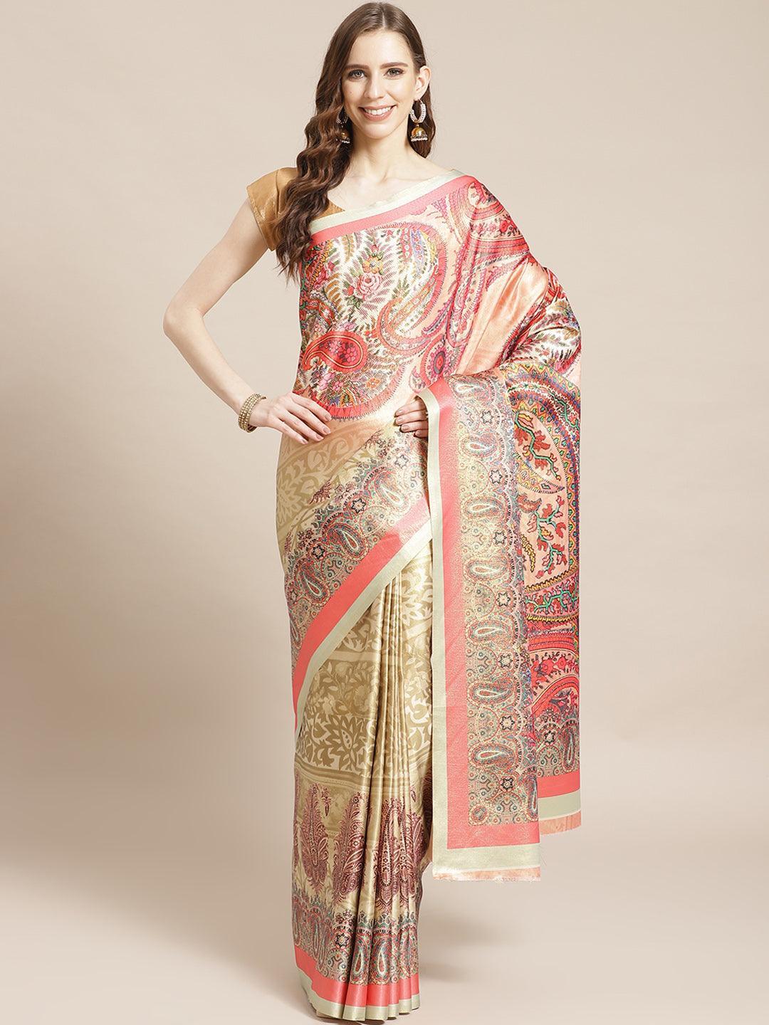 Peach Printed Satin Saree - ShopLibas