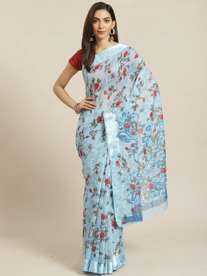 Blue Printed Satin Saree - ShopLibas