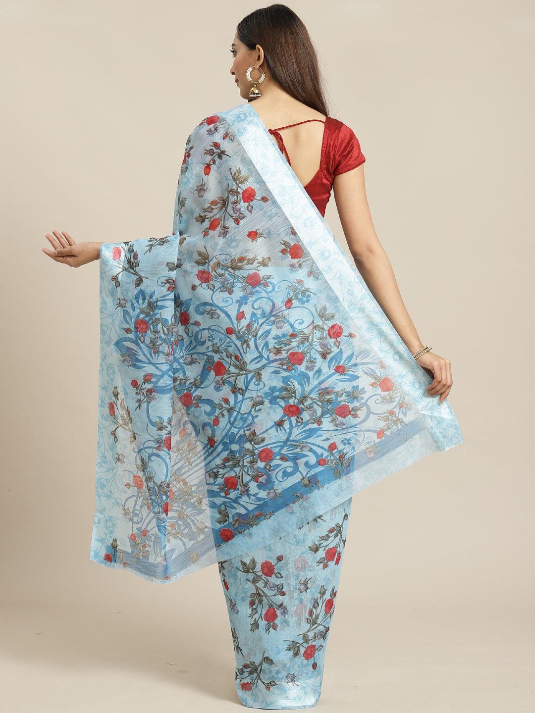 Blue Printed Satin Saree - ShopLibas