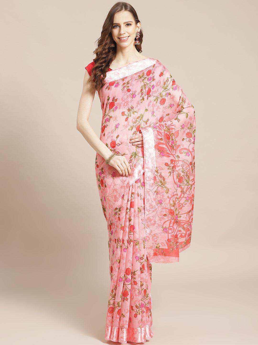 Pink Printed Satin Saree