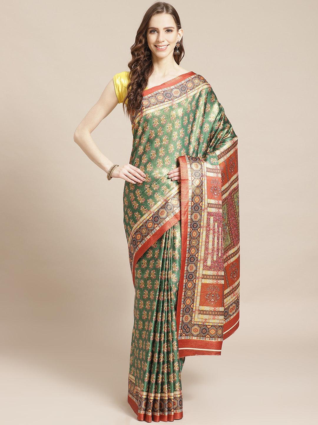 Green Printed Satin Saree