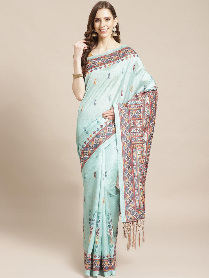 Blue Printed Satin Saree - ShopLibas