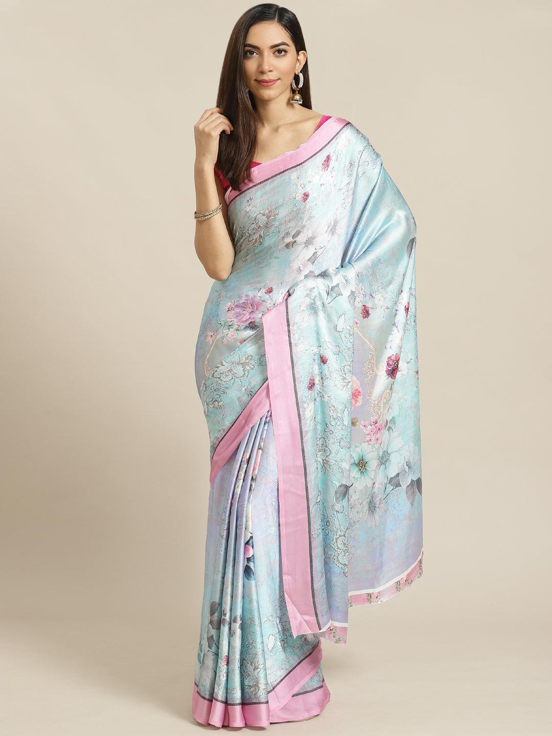 Blue Printed Satin Saree - ShopLibas