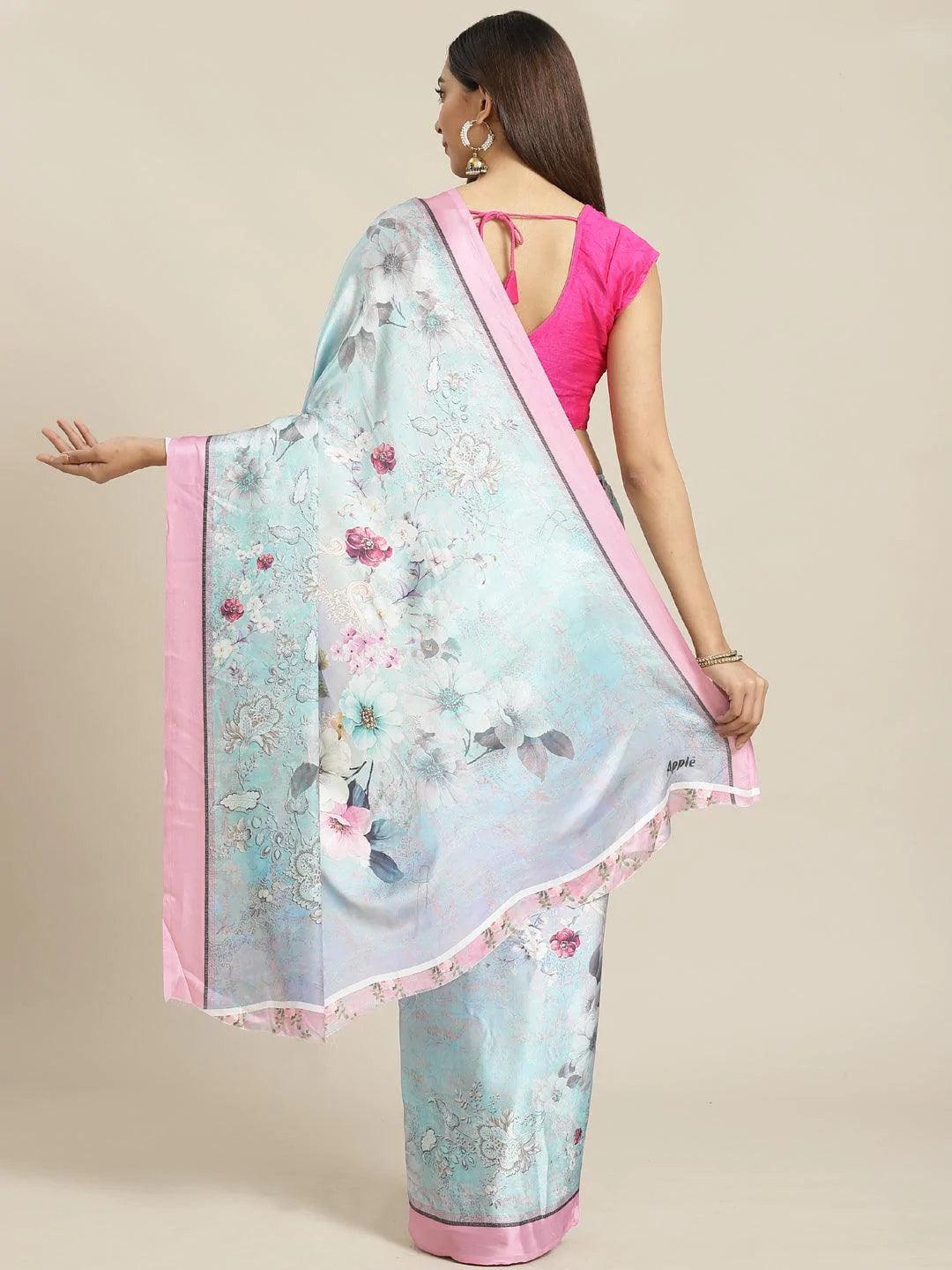 Blue Printed Satin Saree - ShopLibas