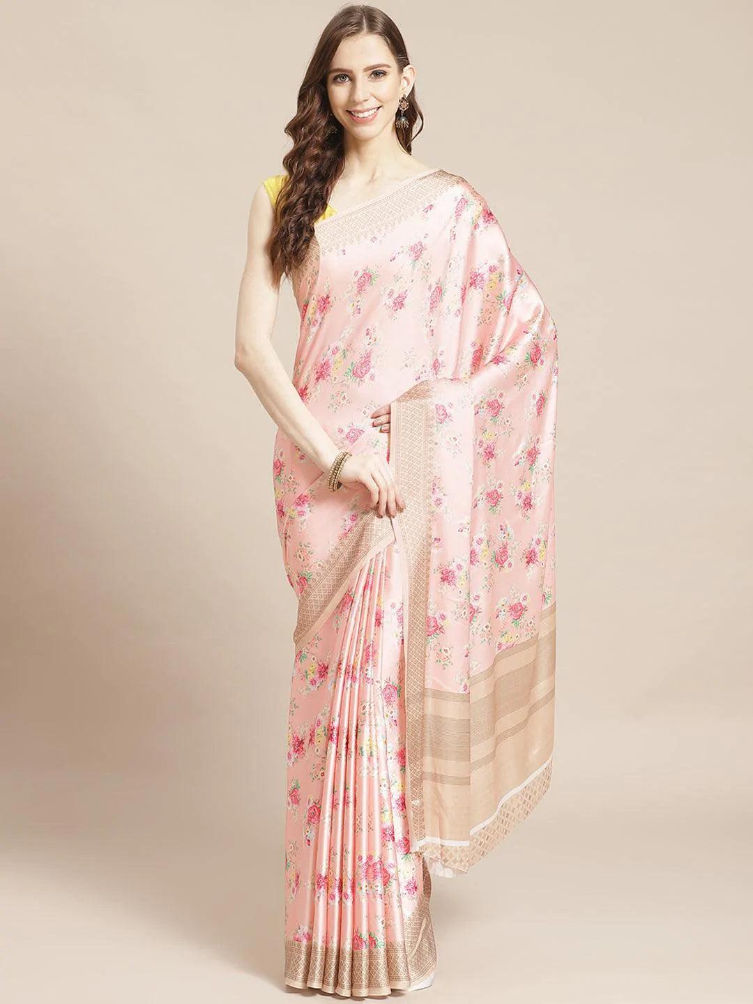 Multicoloured Printed Satin Saree - ShopLibas