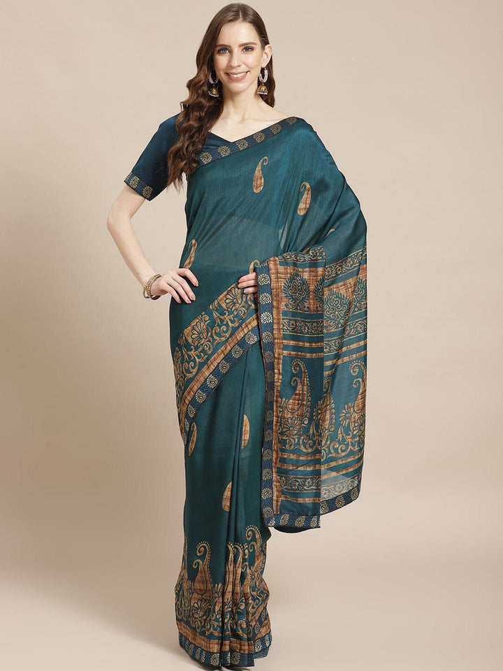 Teal Printed Chiffon Saree - ShopLibas