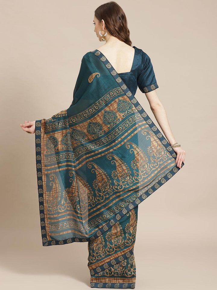 Teal Printed Chiffon Saree - ShopLibas