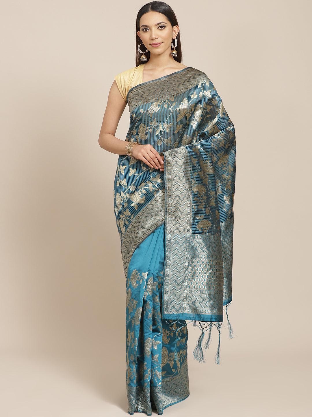 Blue Woven Design Silk Blend Saree - ShopLibas