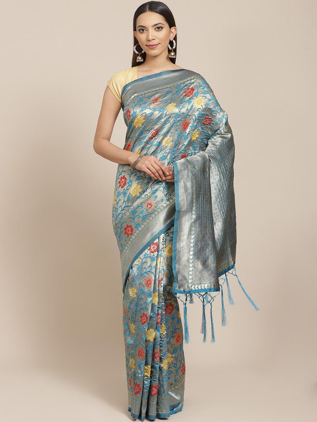 Blue Woven Design Brocade Saree - ShopLibas