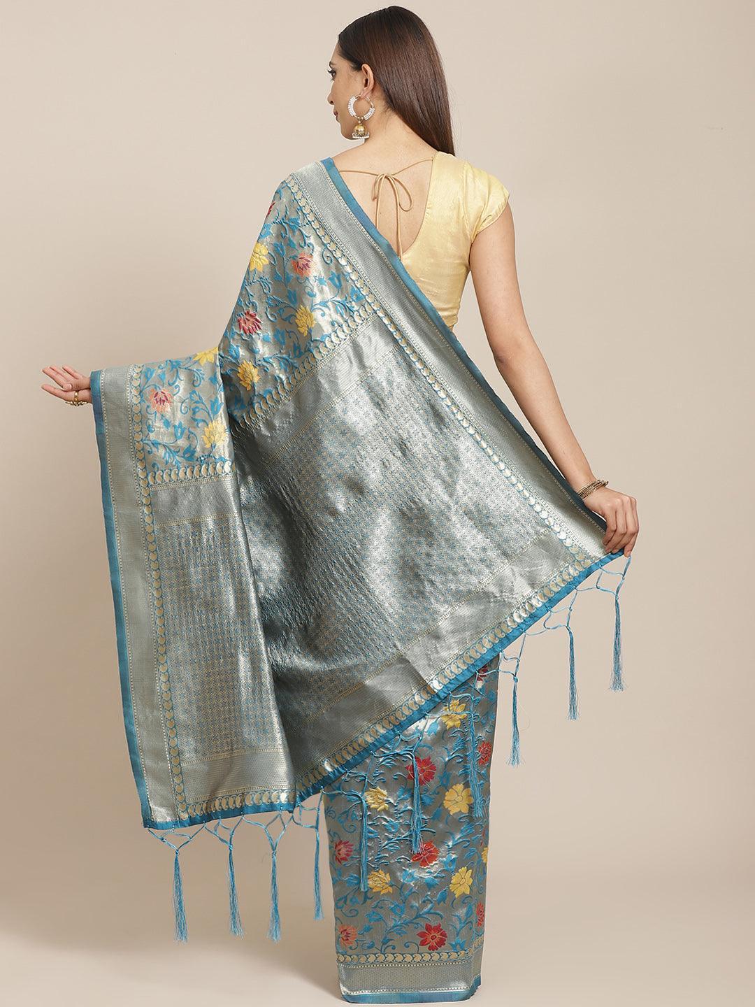 Blue Woven Design Brocade Saree - ShopLibas