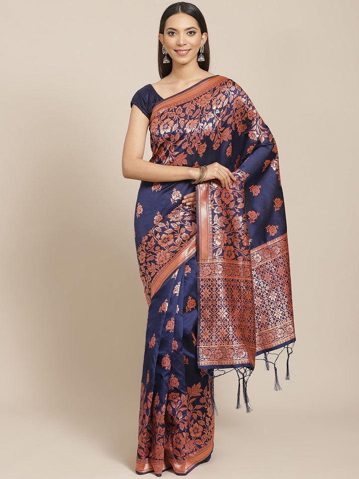 Blue Woven Design Silk Blend Saree - ShopLibas