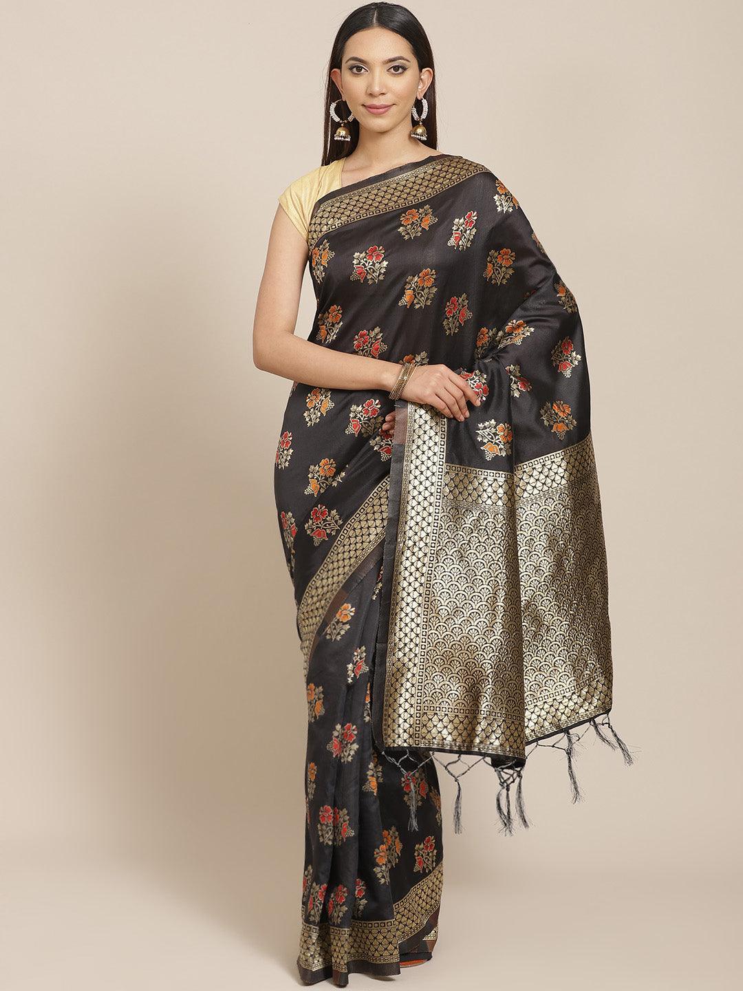 Black Woven Design Silk Blend Saree - ShopLibas