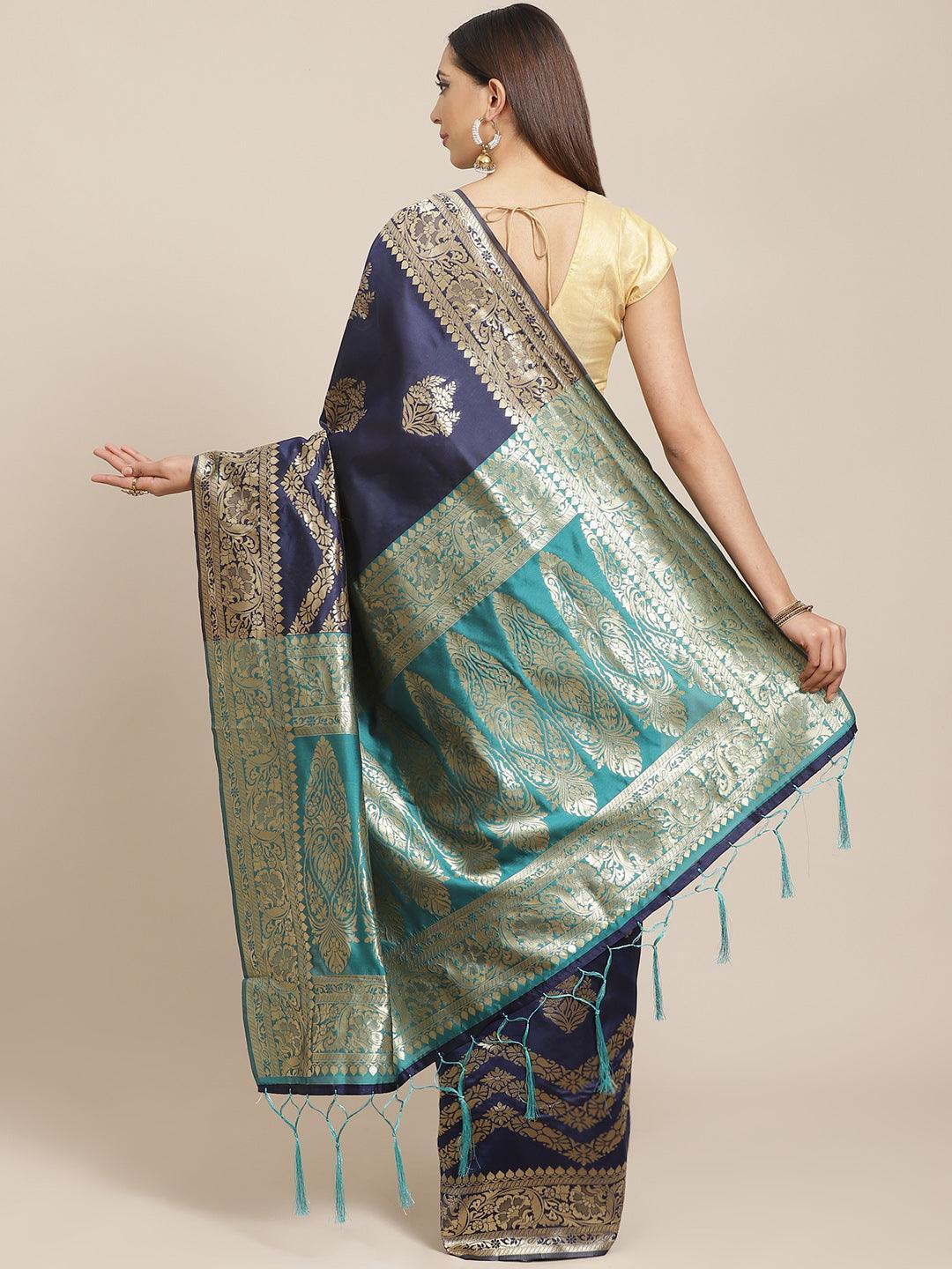 Blue Woven Design Silk Blend Saree - ShopLibas