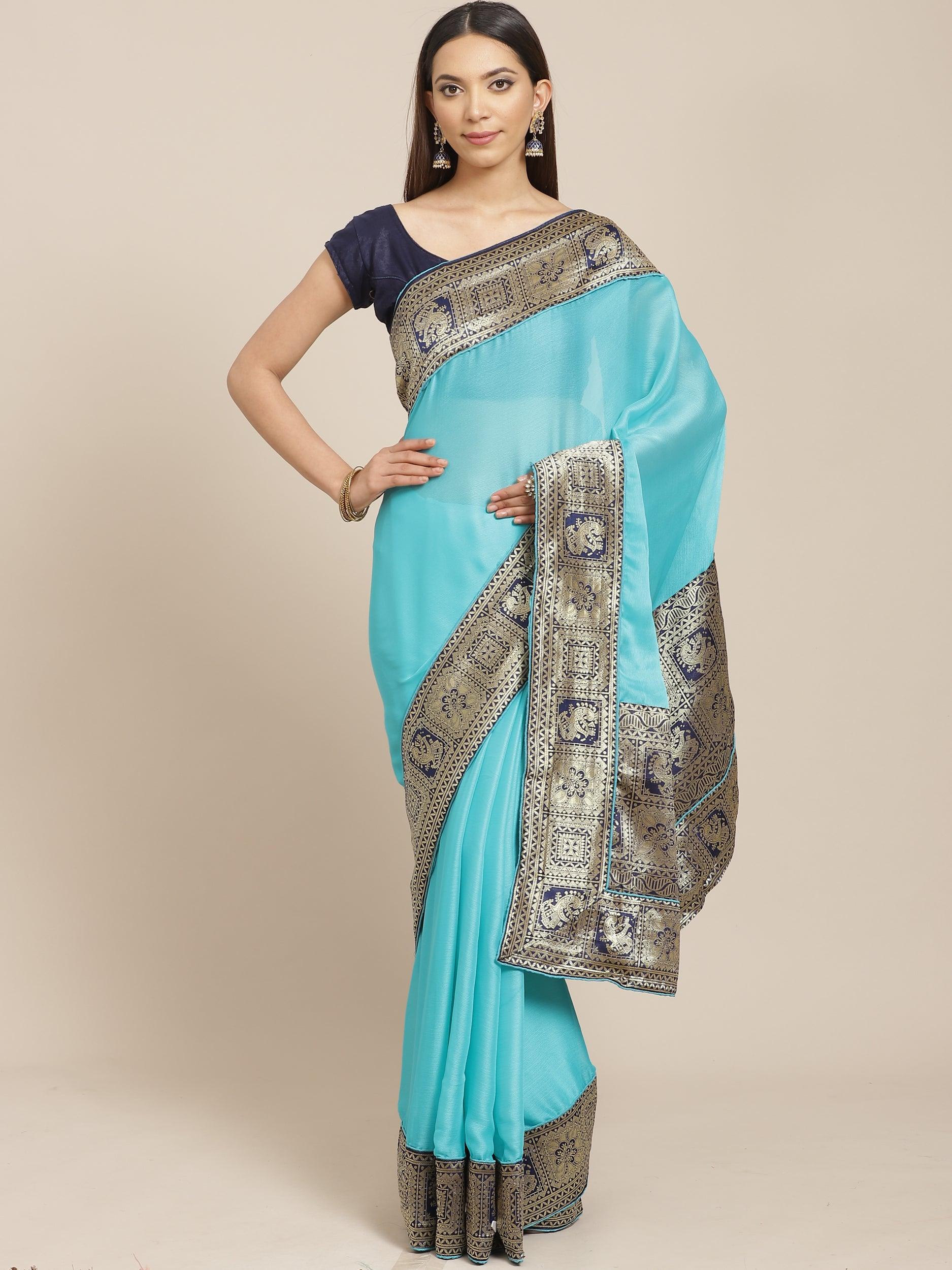 Blue Solid Chiffon Saree