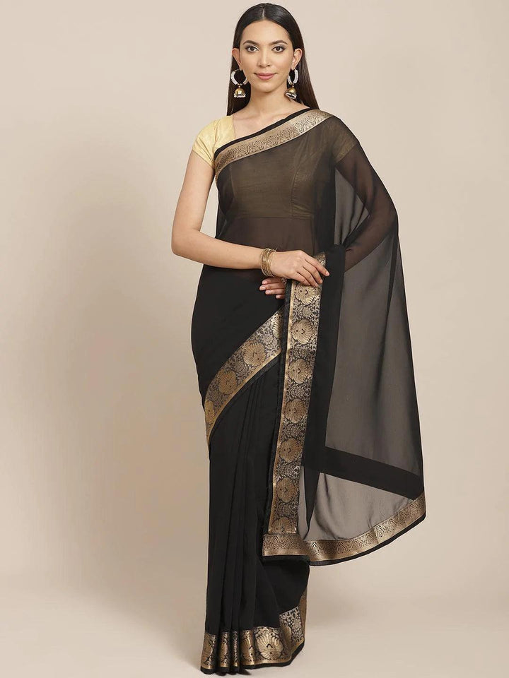 Black Solid Chiffon Saree - ShopLibas