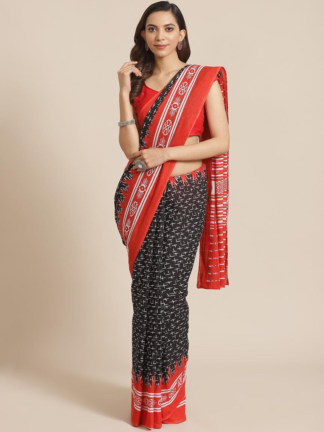 Black Printed Cotton Saree