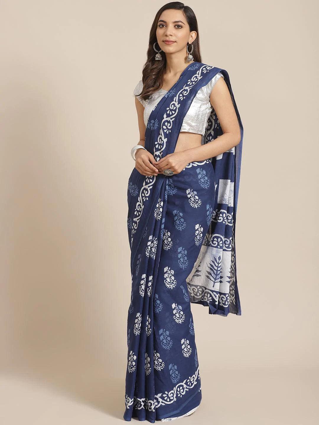 Blue Printed Cotton Saree - ShopLibas