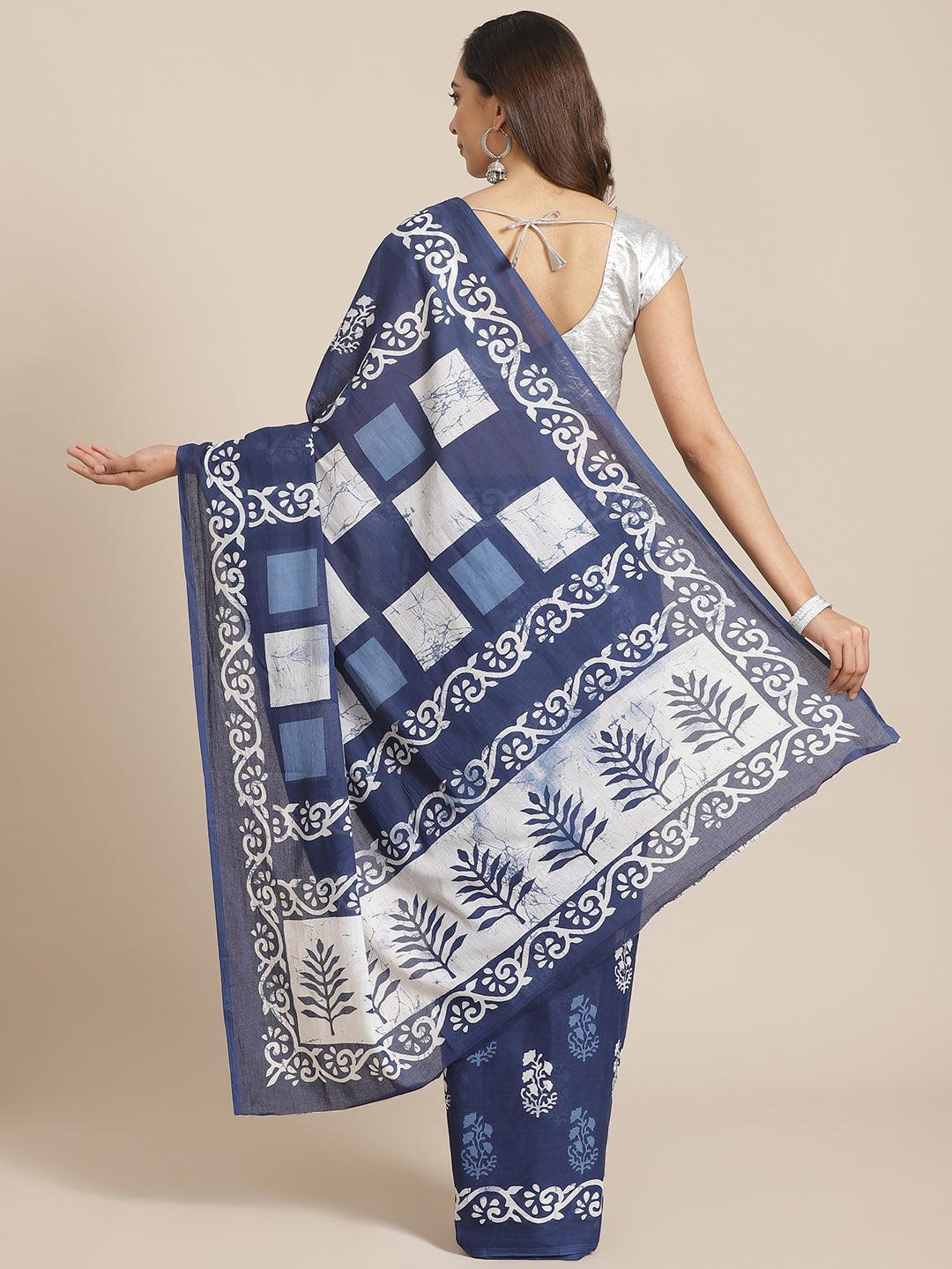 Blue Printed Cotton Saree - ShopLibas