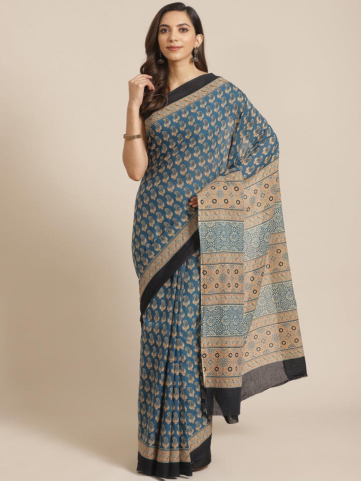 Blue Printed Cotton Saree - ShopLibas