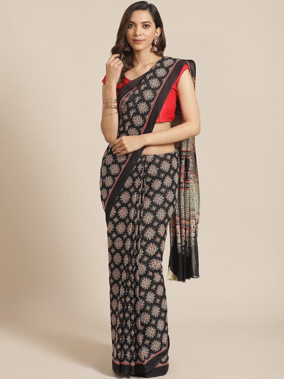 Black Printed Cotton Saree