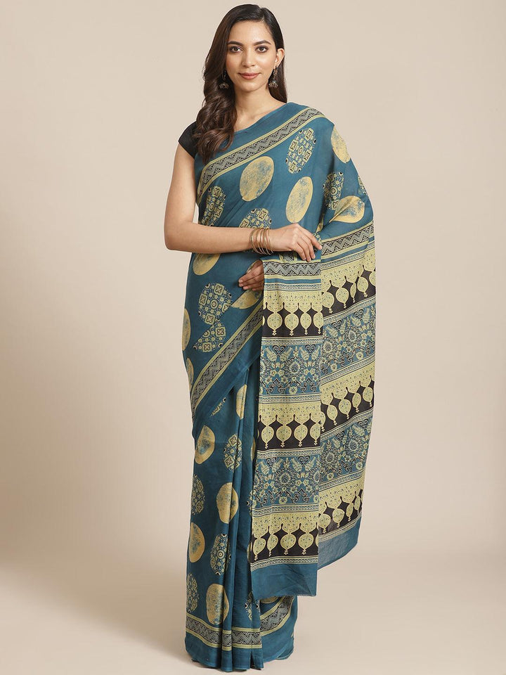 Blue Printed Cotton Saree - ShopLibas