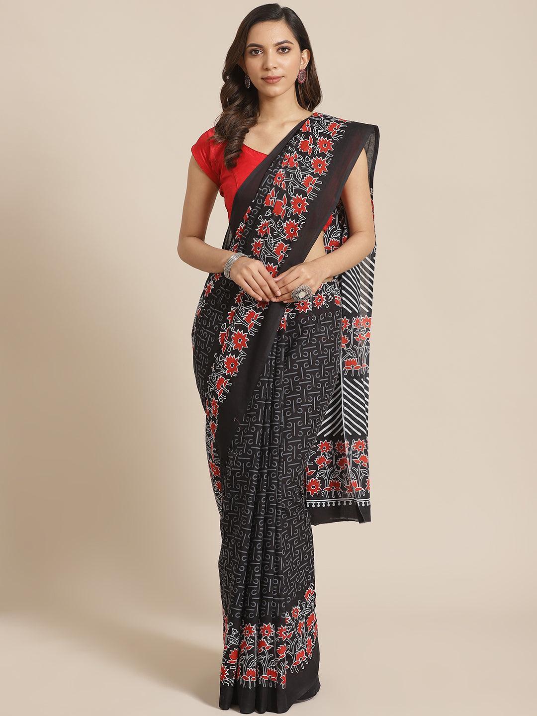 Black Printed Cotton Saree