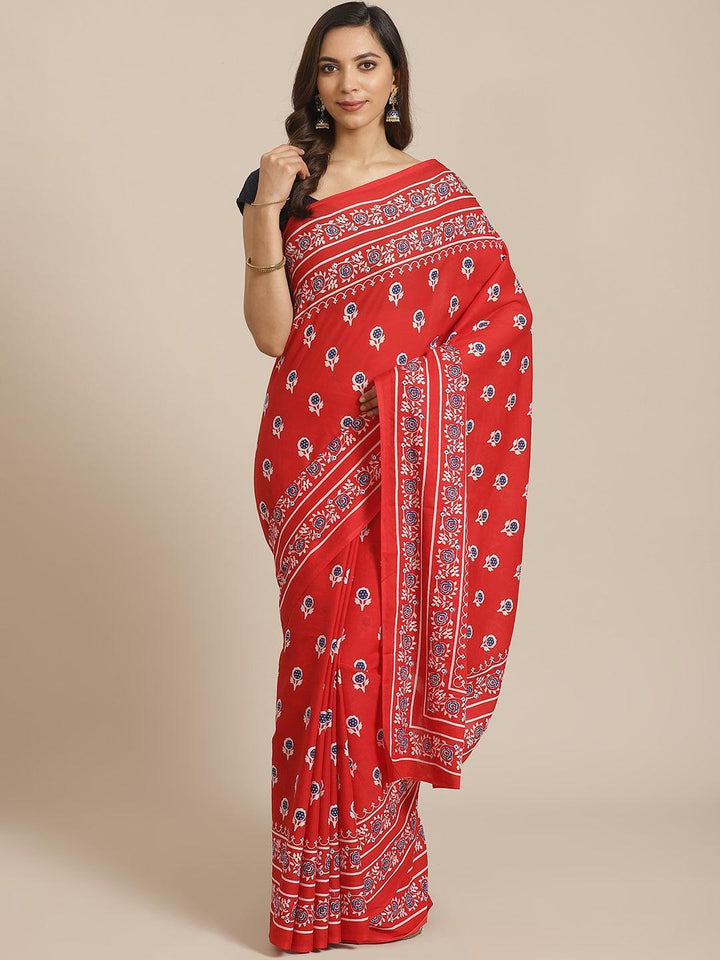 Red Printed Cotton Saree - ShopLibas