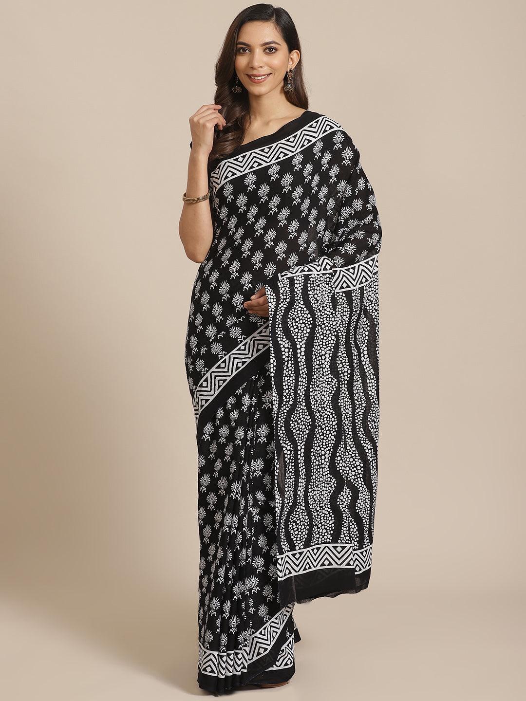 Black Printed Cotton Saree - ShopLibas