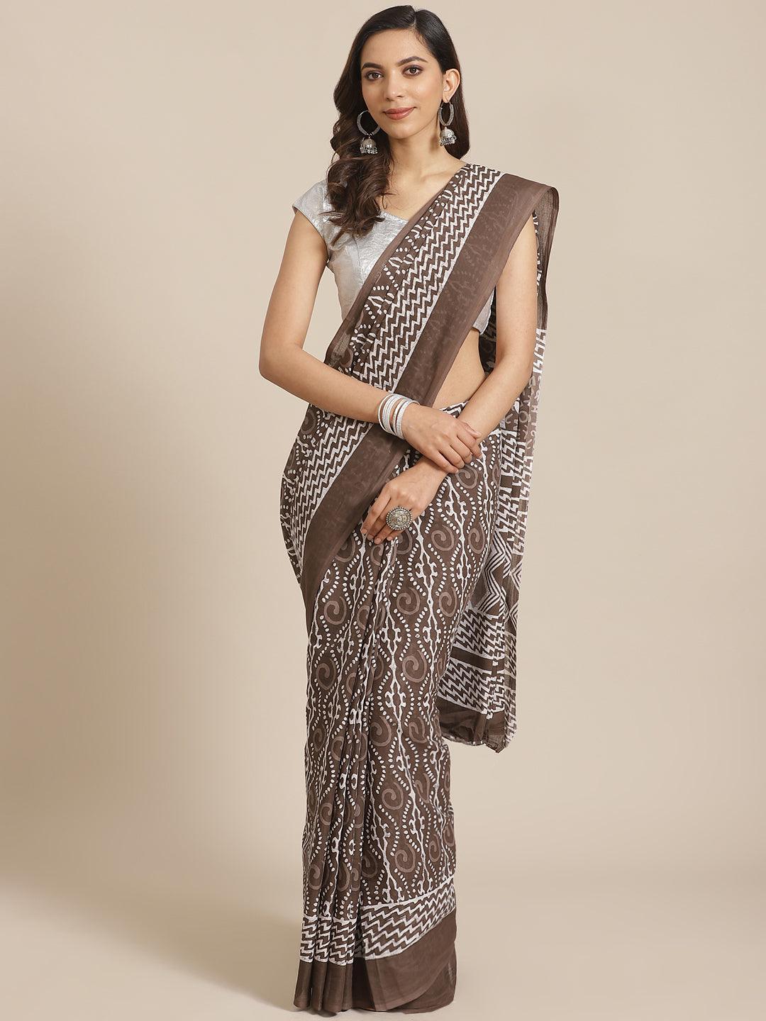 Brown Printed Cotton Saree