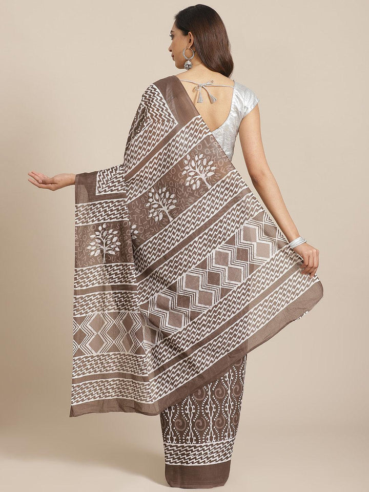 Brown Printed Cotton Saree - ShopLibas