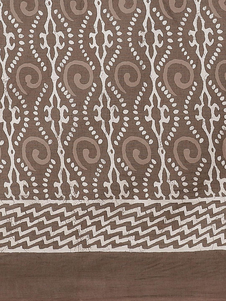 Brown Printed Cotton Saree - ShopLibas