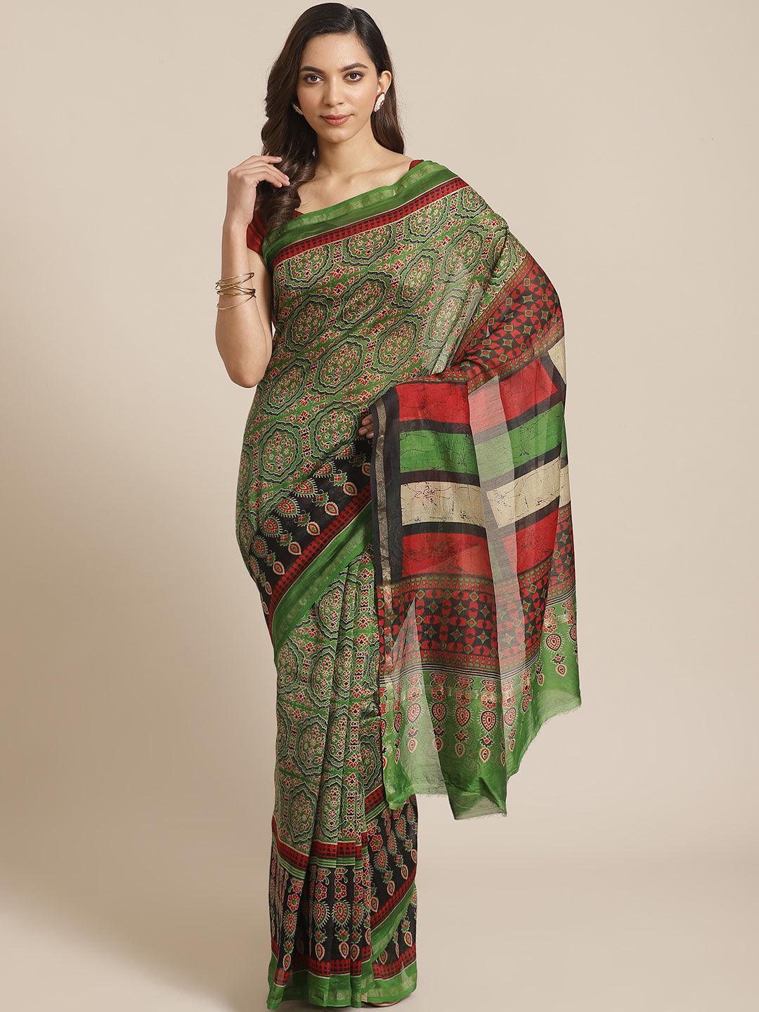 Green Printed Chanderi Silk Saree