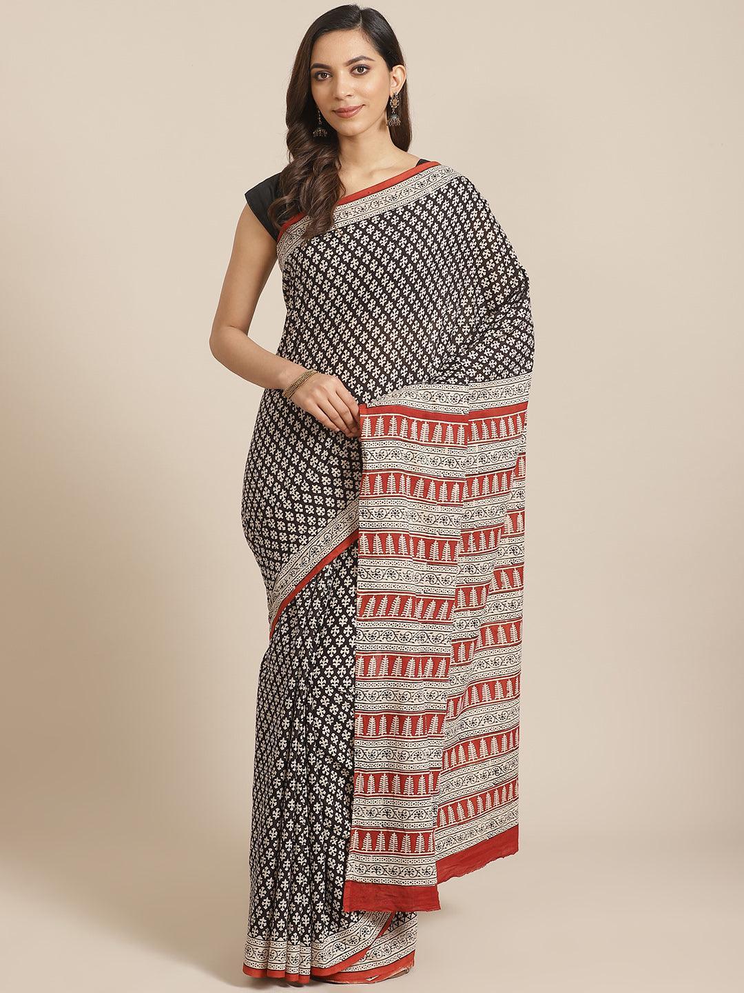 Black Printed Cotton Saree