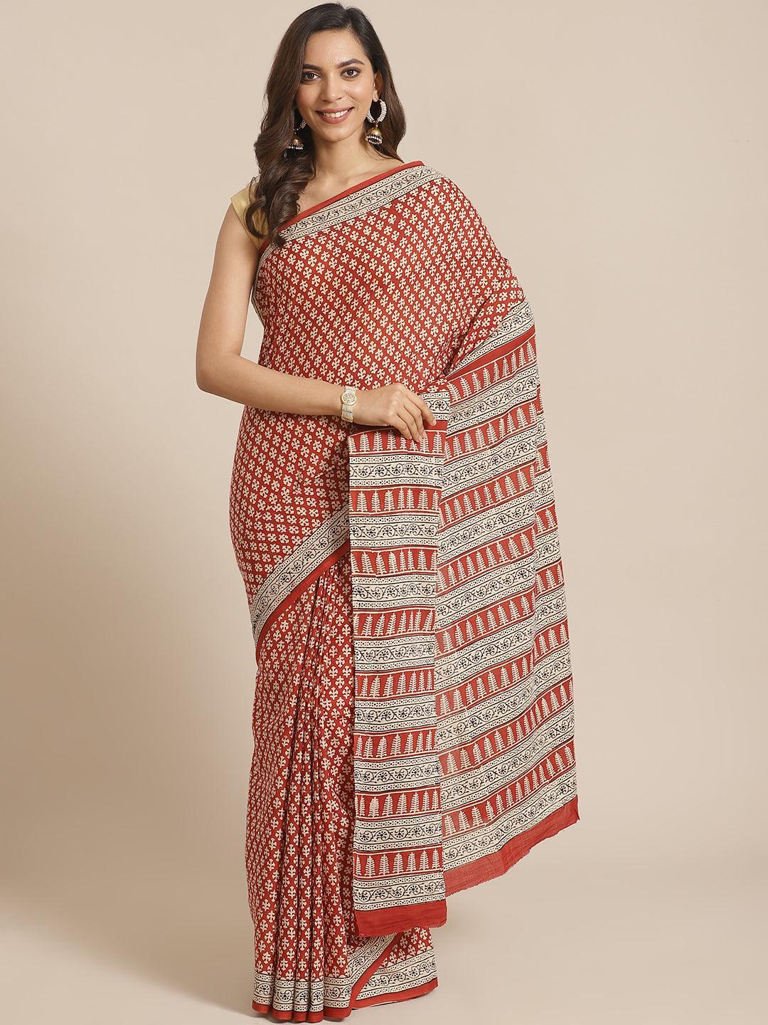 Rust Printed Cotton Saree