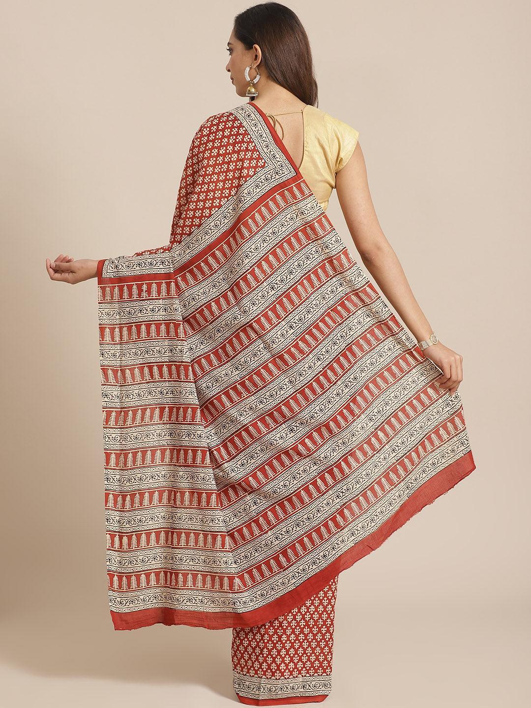 Rust Printed Cotton Saree