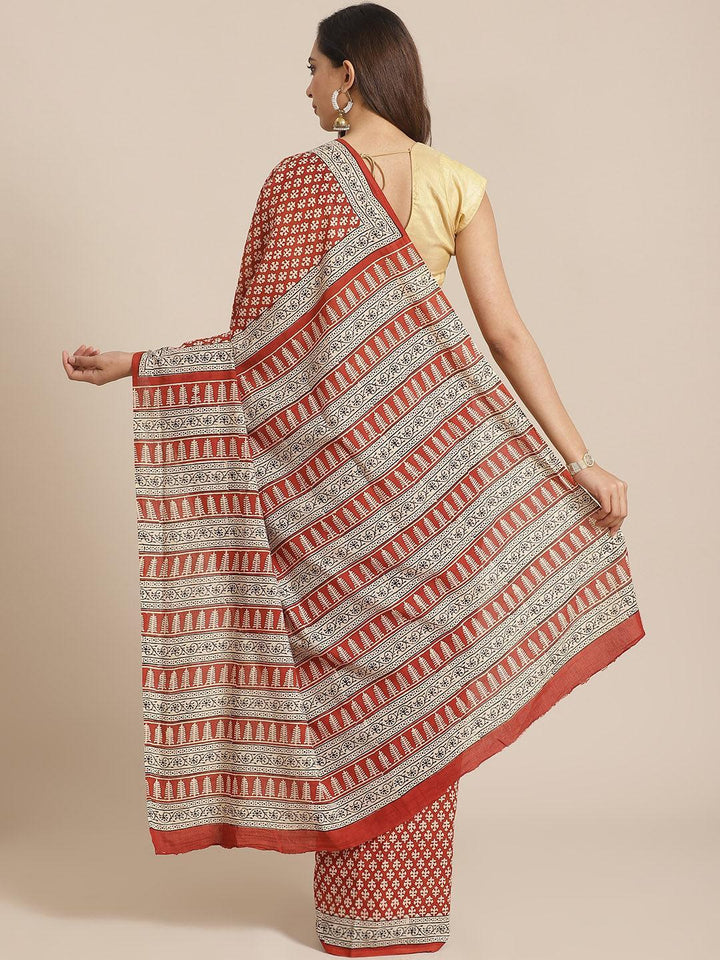 Rust Printed Cotton Saree - ShopLibas