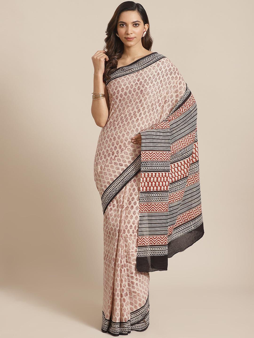 Beige Printed Cotton Saree - ShopLibas