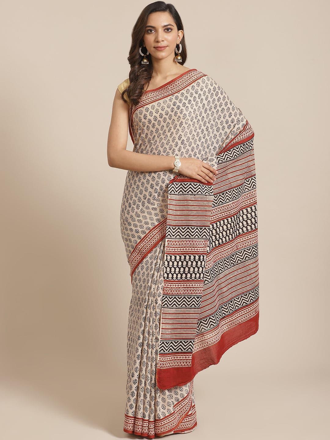 Beige Printed Cotton Saree - ShopLibas