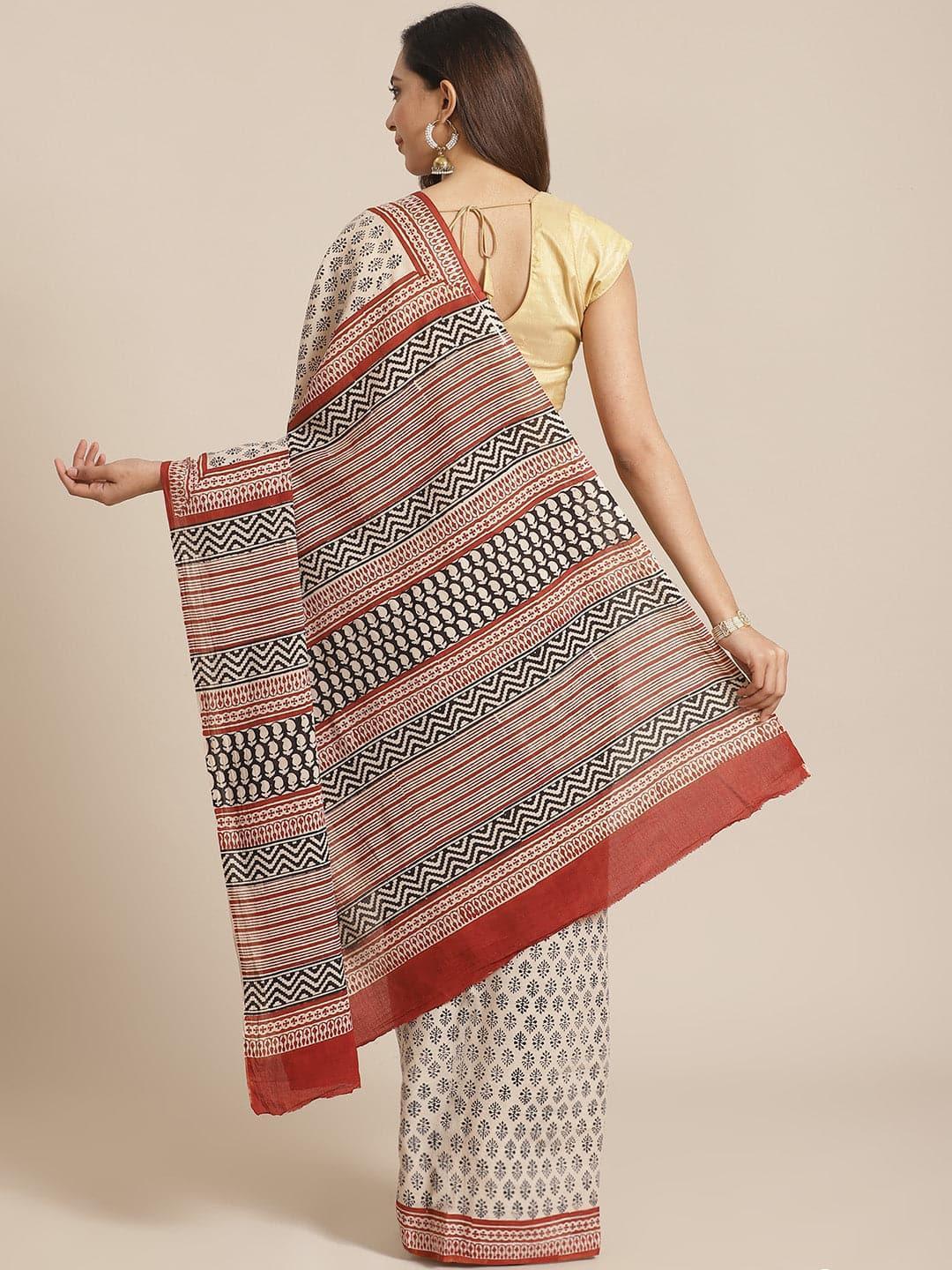 Beige Printed Cotton Saree - ShopLibas