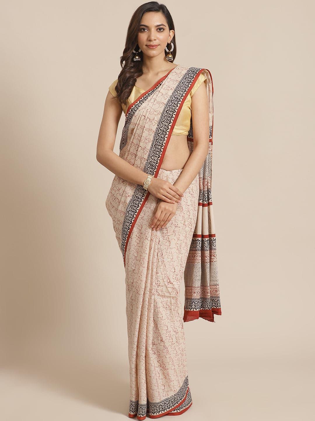 Beige Printed Cotton Saree - ShopLibas