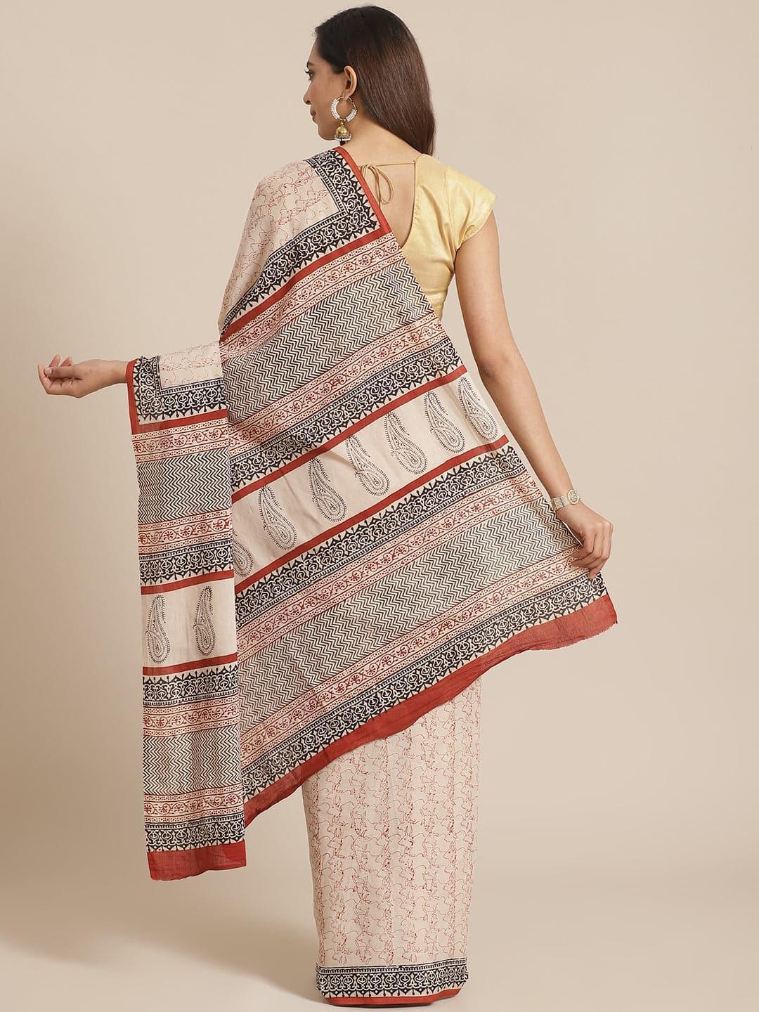 Beige Printed Cotton Saree - ShopLibas