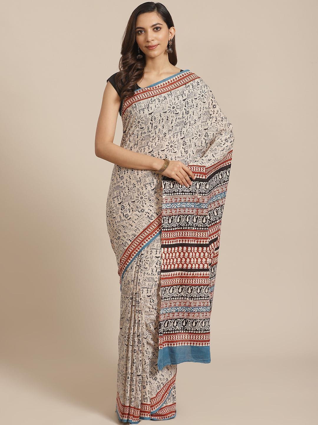 Beige Printed Cotton Saree