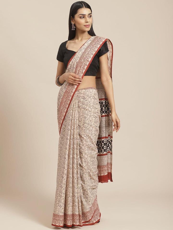 Beige Printed Cotton Saree - ShopLibas