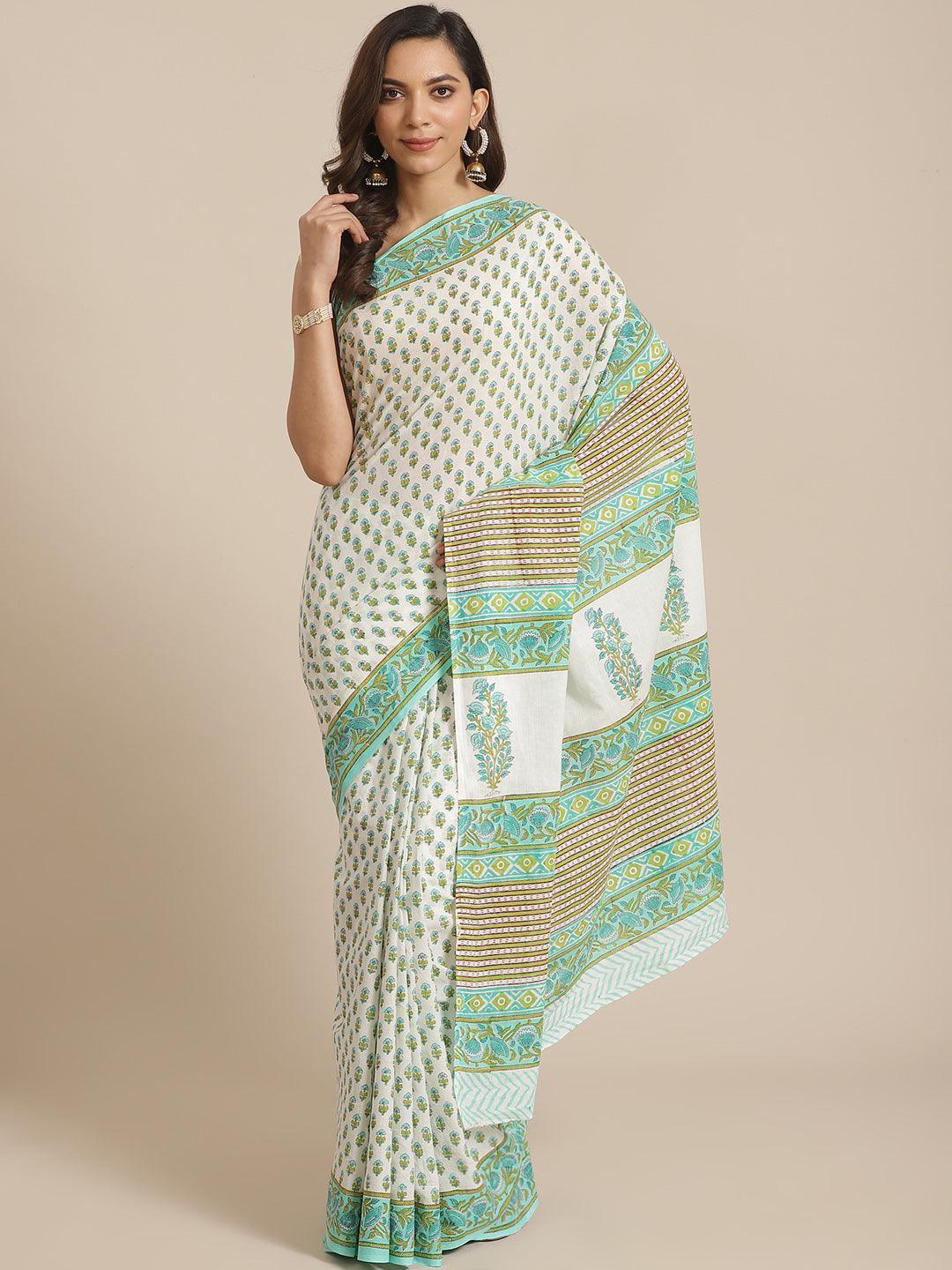 White Printed Cotton Saree