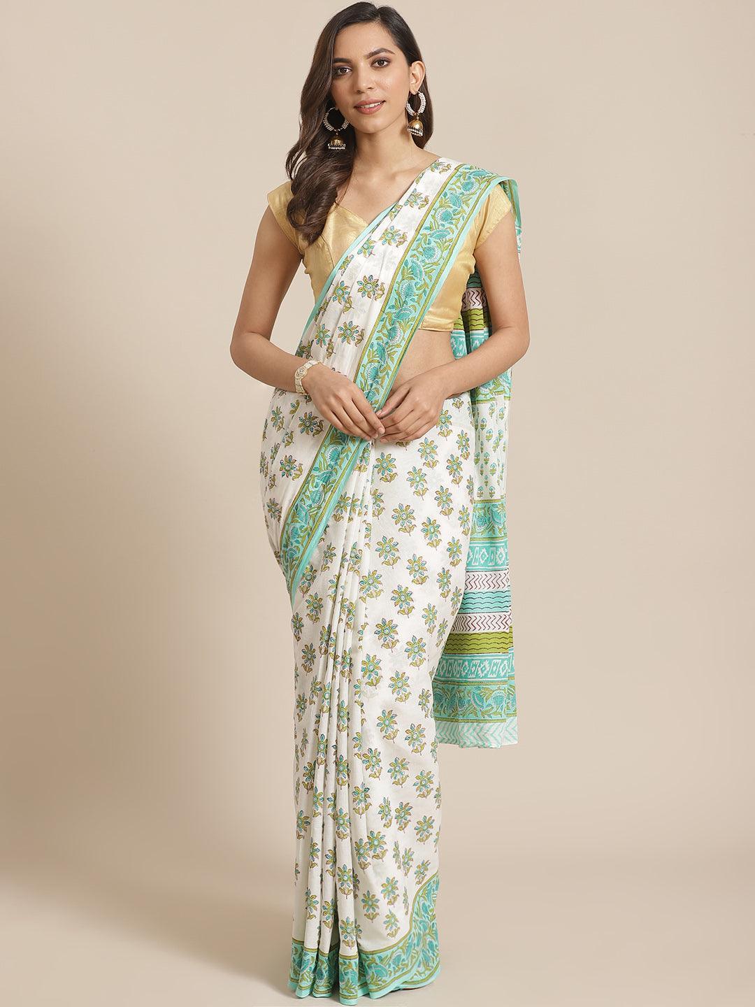 White Printed Cotton Saree