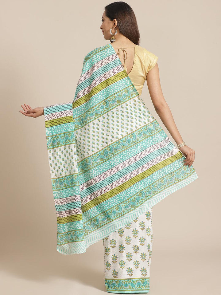 White Printed Cotton Saree - ShopLibas